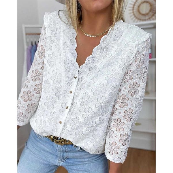 

women fashion shirt lady long sleeve blouse v neck button design floral lace casual shirts 210716, White