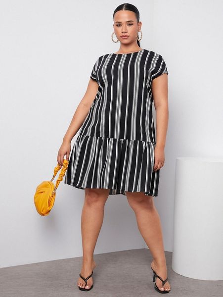 

plus vertical striped batwing sleeve smock dress b4ed#, Black