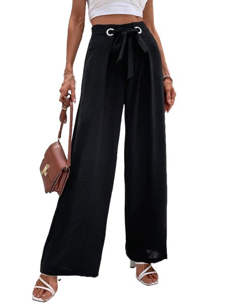 

solid belted wide leg pants w7d8#, Black;white