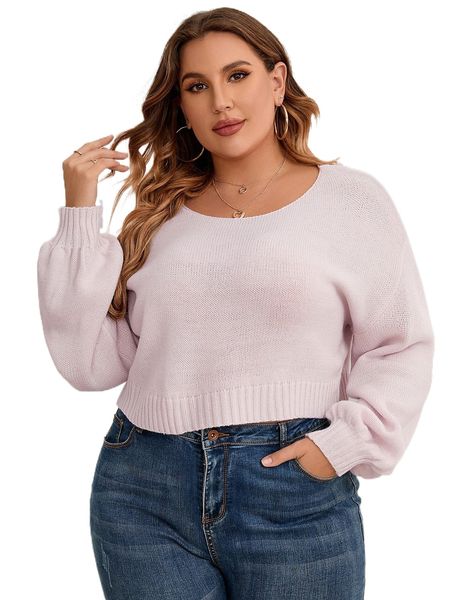 

plus round neck drop shoulder sweater h9v7#, Black