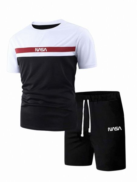 

men letter graphic colorblock tee & shorts l45j#, Gray