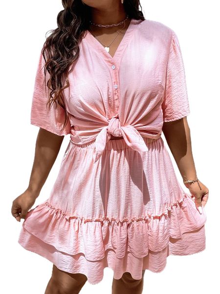 

plus button front blouse & layered hem skirt e5d1#, Black