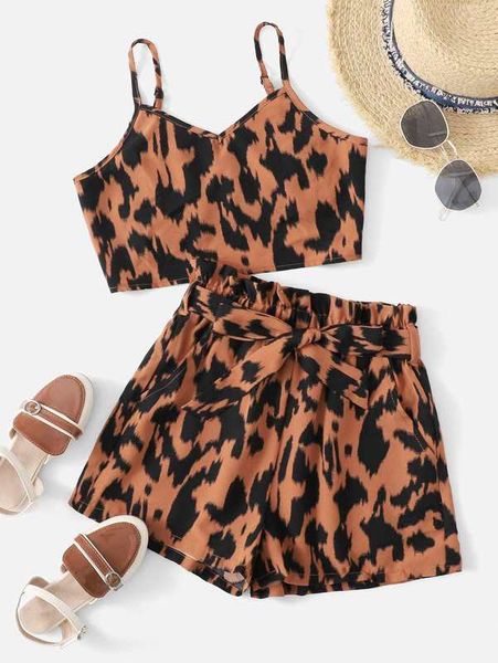 

girls allover print cami & paperbag waist belted shorts set she, White