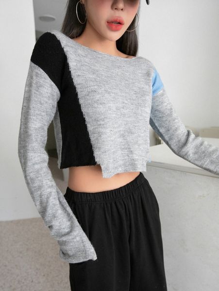 

dazy colorblock asymmetrical hem crop sweater w1rz#, White;black