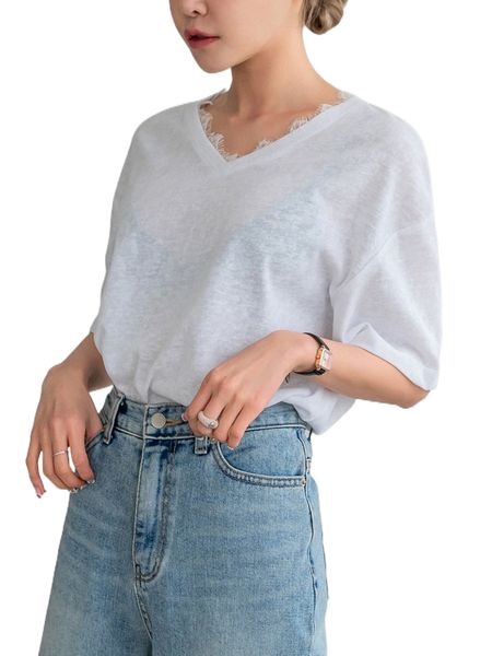 

dazy contrast lace drop shoulder solid tee e11e#, White