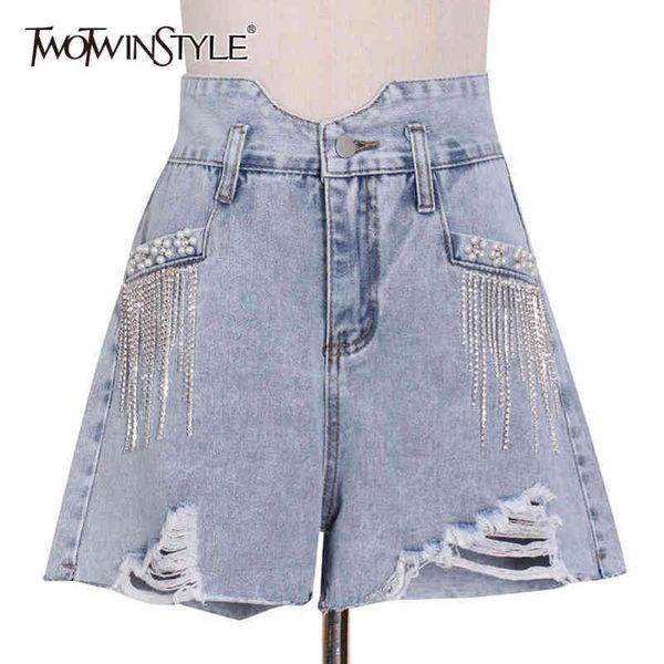 

streetwear patchwork diamond pearl short for women high waist hole denim casual shorts female fashion summer 210423, White;black