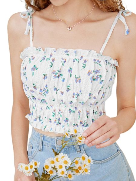

ditsy floral shirred frill trim cami m5vh#, White