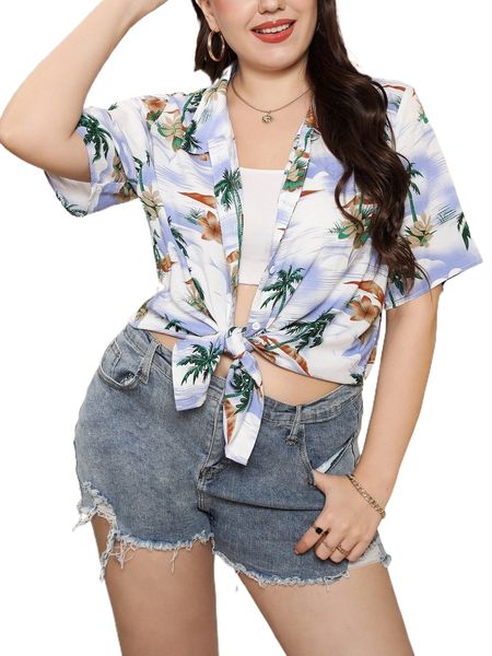 

plus brush & tropical print blouse 73s0#, Black