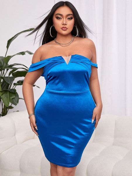 

sxy plus off shoulder contrast mesh satin bodycon dress h6ix#, Black