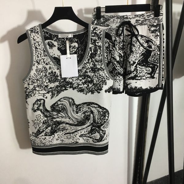 

new animal print knitted tracksuits suit ladies knit vest summer sports outdoor tracksuit elastic waist drawstring shorts 2 piece set, Gray