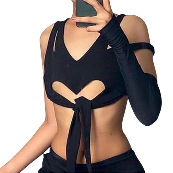 Tanques femininos Camis Xingqing Women Hollow Out Crop Top Black Colf
