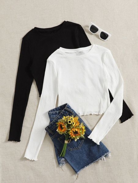 

2pcs solid ribbed knit lettuce trim tee t0gp#, White