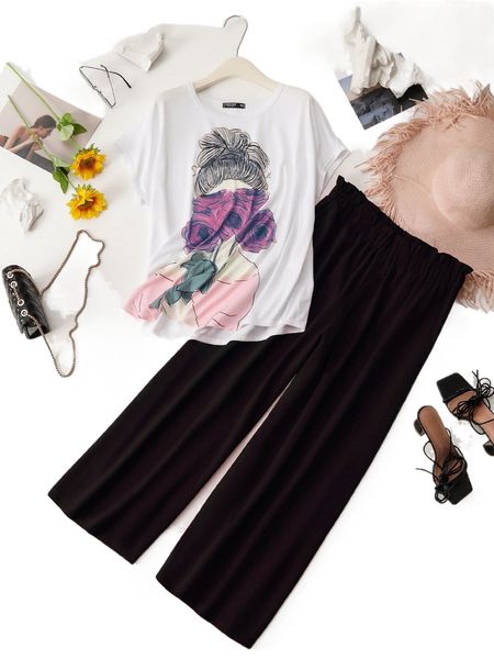 

plus figure graphic tee & paperbag waist pants z5fg#, Black