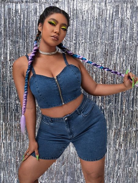 

plus denim zipper front cami & shorts k4g6#, White