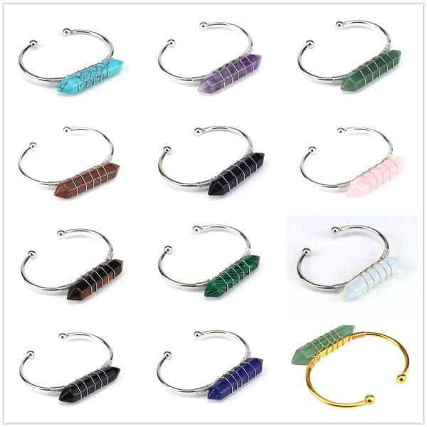 

natural gemstone hexagonal point cuff bracelet for women girls handmade silver wire woven lift of tree healing chakra crystal friendship ban, White