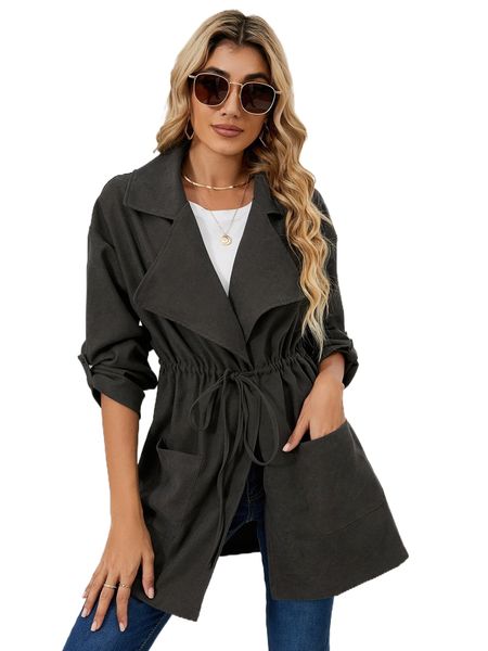 

waterfall collar roll tab sleeve dual pocket drawstring waist coat 38my#, Black