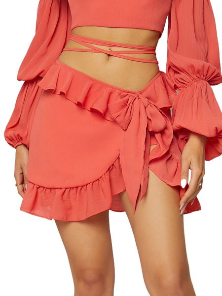 

ruffle trim knot side skirt y8af#, Black