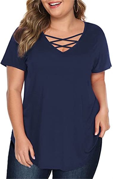 

women's t-shirts tees plus-size blouse short sleeve cross v-neck t-shirt, White