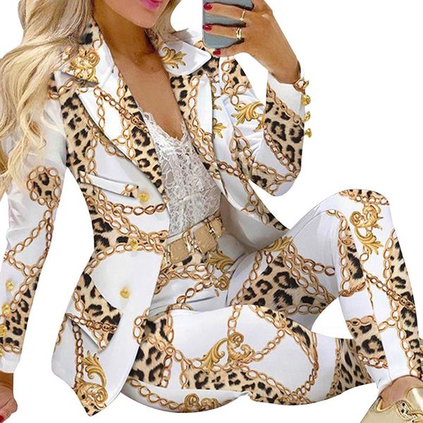 

women's two piece pants 2022 femme formal blazer jacket trousers office lady outfits autumn women pieces set chain print coat suit sets, White