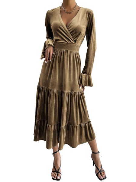 

flounce sleeve ruffle hem velvet dress s6ev#, Black;gray