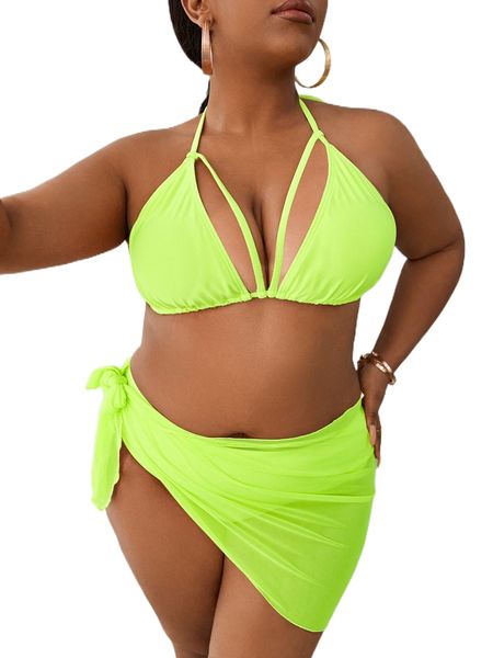 

plus cut-out halter triangle bikini swimsuit with beach skirt q8qk#, White;black