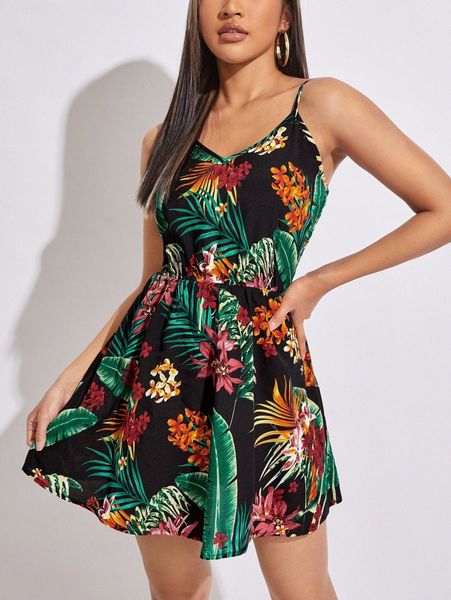 

petite tropical print flared hem peplum dress k20c#, Black;gray