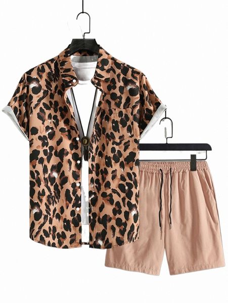 

men leopard print shirt & solid shorts without tee u6rn#, Gray