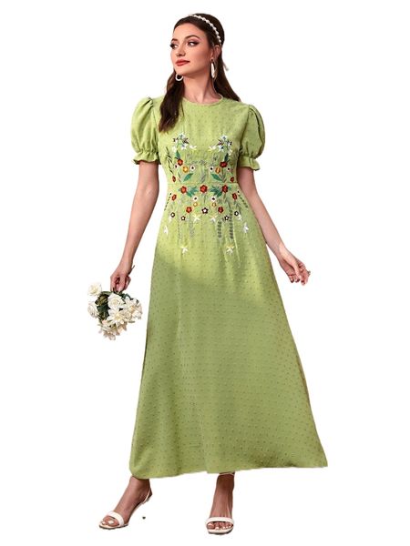 

floral embroidery swiss dot puff sleeve a-line dress y10a#, Black;gray
