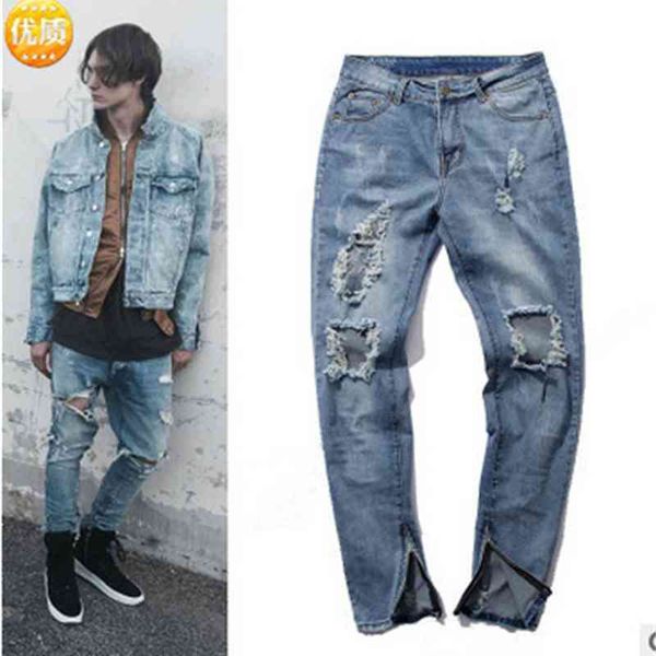 

men's jeans fashionable knife cuts holes, ragged beggars' pants, youth jogging, hemmed in, men's and women's pants k70d, Blue