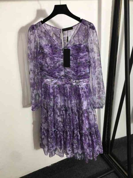 

womens designer dresses temperament flower print purple sheer mesh yai waist long sleeve dress luxury dress for women clothing, Black;gray