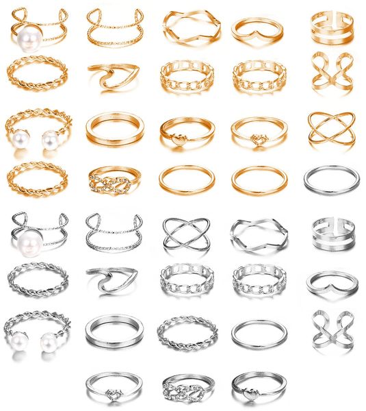 

band rings knuckle set for women vintage stackable bohemian finger gold/sier hollow carved faux pearl joint ring amtzt, Silver
