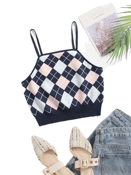 

argyle pattern cami knit 51kz#, White;black