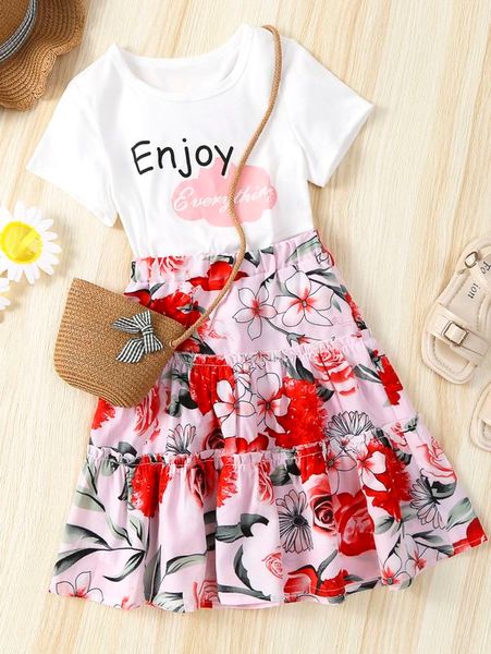 

toddler girls slogan graphic tee & floral print ruffle hem skirt she, White