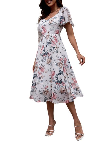 

floral print butterfly sleeve chiffon dress d1fe#, Black;gray