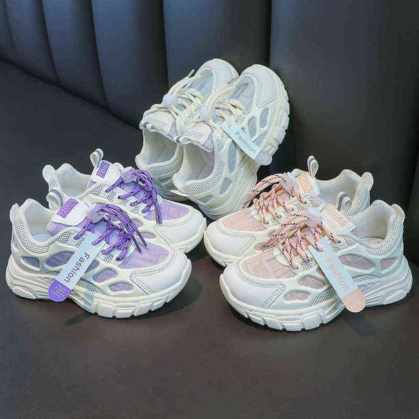

2022 summer new children sneakers for boys breathable mesh purple versatile girls sport shoes non-slip pu kids fashion round-toe g220422, Black;red