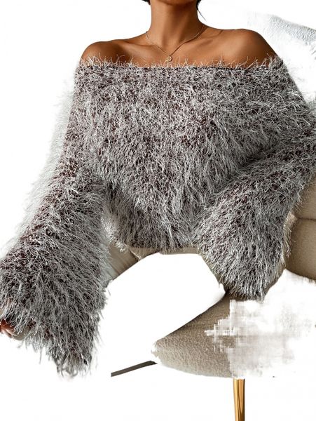 

off shoulder trumpet sleeve fluffy knit sweater v5tl#, White;black