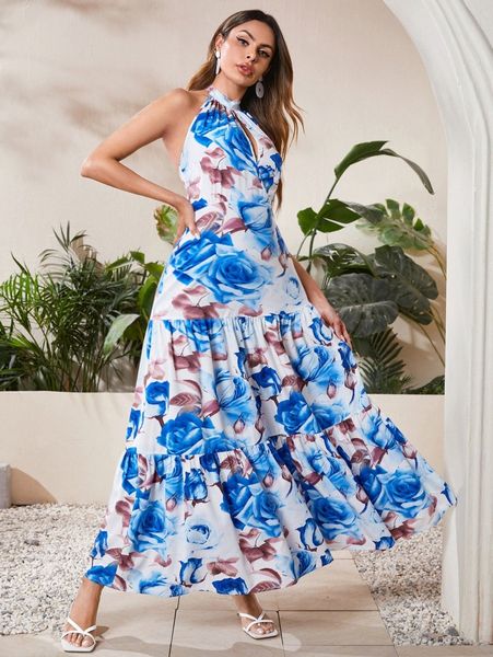 

floral print tie backless halter dress l7kj#, Black;gray