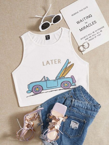 

plus car & letter graphic tank b5zj#, Black