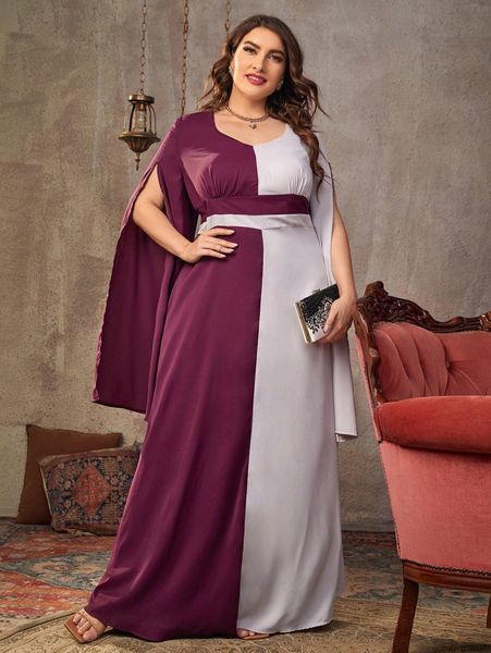 

plus two tone slit sleeve chiffon dress o3h9#, Black