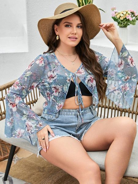 

plus floral pattern trumpet sleeve tie front lace b4vx#, Black