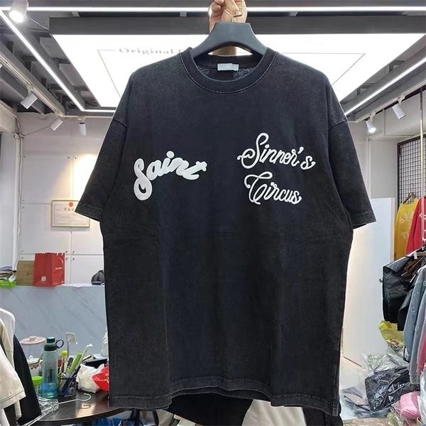 

retro clown foam print wash t-shirt man with round neck and short sleeves 220509, White;black
