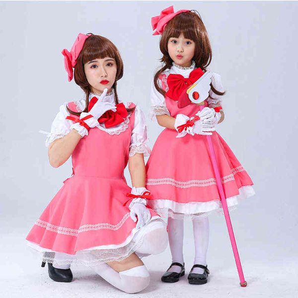 Nova Anime Girls Pink Card Captor Sakura Kinomoto Sakura Princess Dress Cosplay Venha Lolita Dress for Kids Party Facy Dress L220715