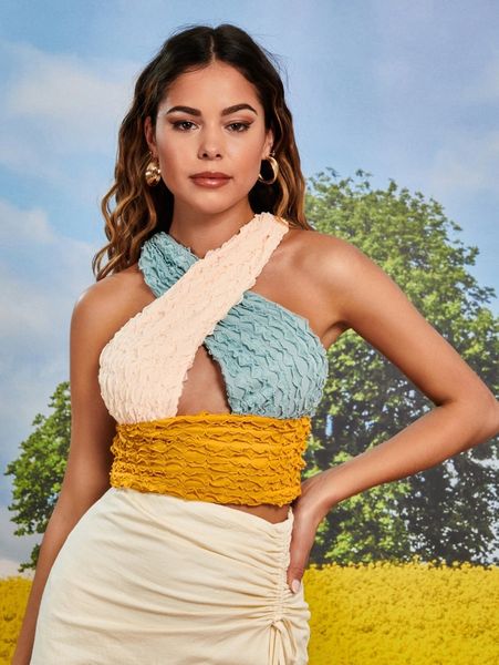 

colorblock textured cross halter d5s7#, White