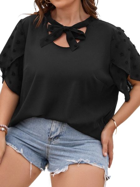 

plus swiss dot petal sleeve tie neck blouse c0jw#, Black