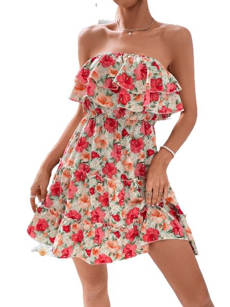 

allover floral print ruffle trim backless tube dress t8rh#, Black;gray
