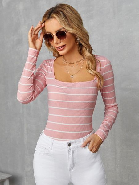 

scoop neck rib-knit striped tee p1x5#, White