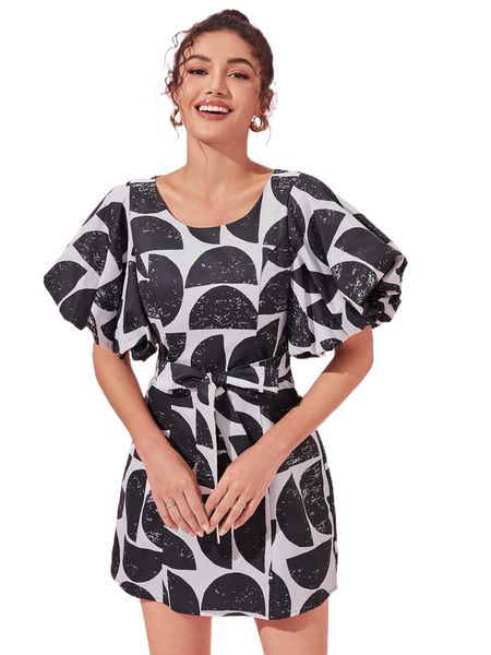 

x elle rebel geo print belted dress p1eg#, Black;gray