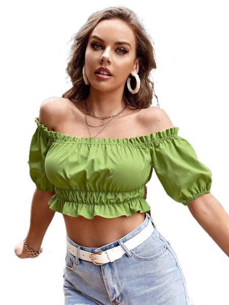 

off the shoulder frill trim blouse t7gr#, White