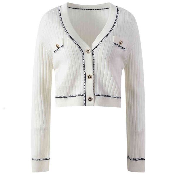 

women's knits tees autumn and winter color contrast edge v-neck single breasted sweater short womanly fashion long sleeved j8n3, White