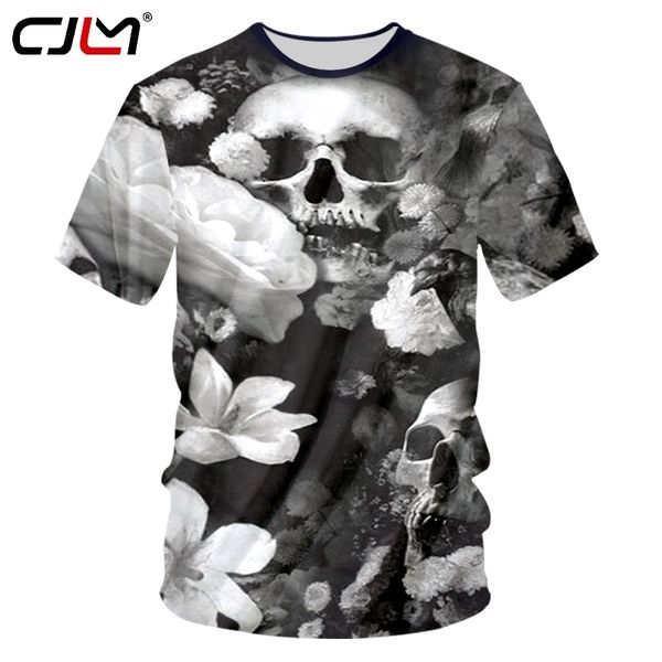 

mens hip hop o neck short sleeve pullovers tshirts man cool print white flowers skulls 3d tshirts homme fitness tee shirt 220623, White;black